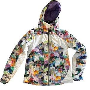 Obermeyer Patchwork Ski Jacket Parka Sz 18/20 Girls Women Small White Purple